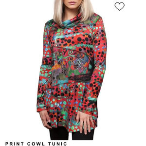 Sno Skins Printed Cowl Tunic Multicolored Baroque Dot Print Red Green Lagenlook